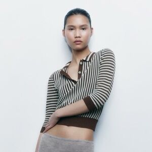 Zara | Brown and Mint Green Striped Cropped Polo | Size S